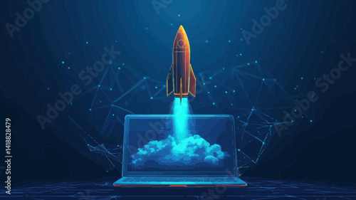 Abstract Rocket Launching from Laptop Screen with Wireframe Smoke, 3D Low Poly Startup and Boosting Concept on Technological Blue Background, Flat Minimalist SVG Vector Illustration