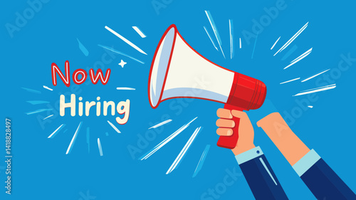 Hand Holding Megaphone Announcing Now Hiring Job Vacancy Concept Recruitment Illustration