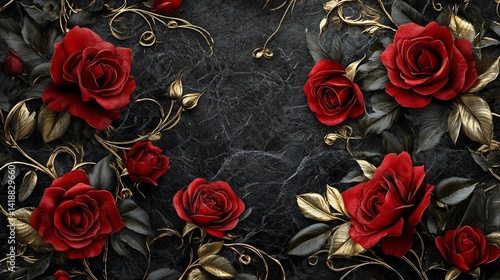 Dark stone background with red roses and gold vines