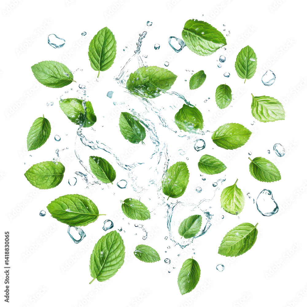 Mint Leaves and Fresh Water: Vivid close-up capturing the refreshment of mint leaves amidst cool, clear water drops, evoking a sense of freshness.