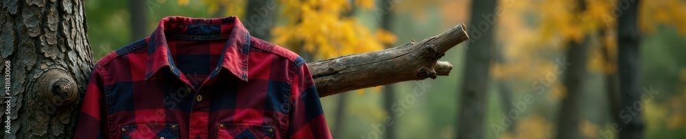 Flannel shirt draped over a wooden tree branch, wood, nature Flannel shirt draped over a wooden tree branch, wood, nature