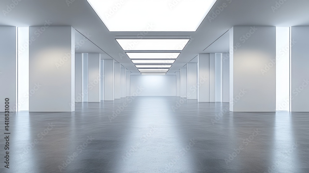 Bright white hallway with columns and reflective concrete floor Bright white hallway with columns and reflective concrete floor