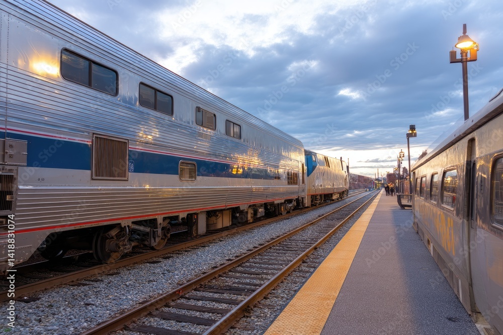 Fototapeta premium Passenger Train Arrives at Station Platform during Sunset, Scenic Railway Transportation