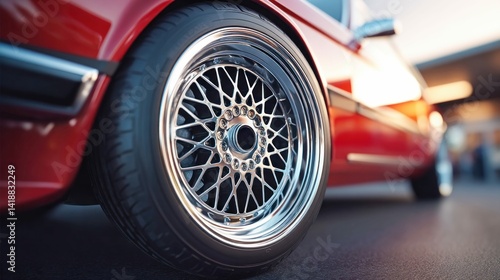 Wallpaper Mural A close-up shot showcases the shiny rim and tire of a classic red car, exuding elegance and style. The car is beautifully illuminated. Torontodigital.ca