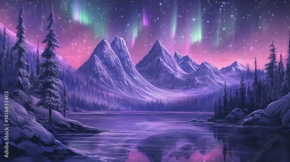 Fototapeta premium Stunning Aurora Borealis over Snowy Mountain Landscape