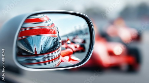 A racing helmet reflects in the side mirror, with formula one cars blurred in the background, capturing the speed.