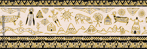 Ethnic seamless border on the theme of rock paintings, petroglyphs and geometric pattern, vector design, banner