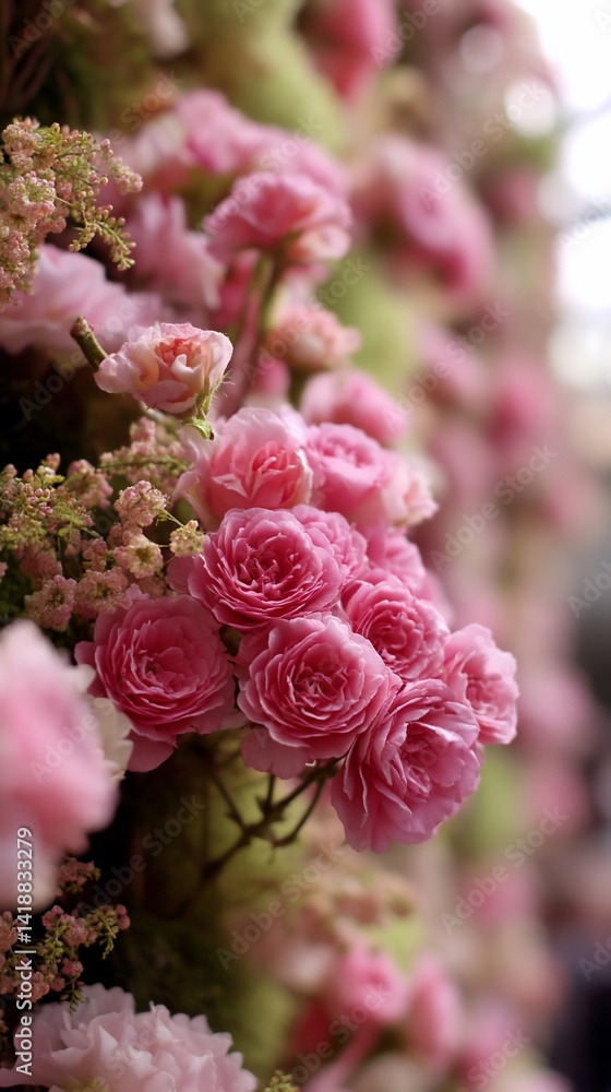Close-up of a vibrant floral display featuring a variety of pink roses and other delicate blossoms Close-up of a vibrant floral display featuring a variety of pink roses and other delicate blossoms