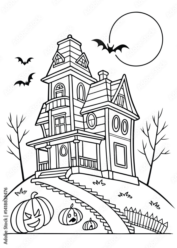Fototapeta premium Haunted House Halloween Coloring Page Illustration
