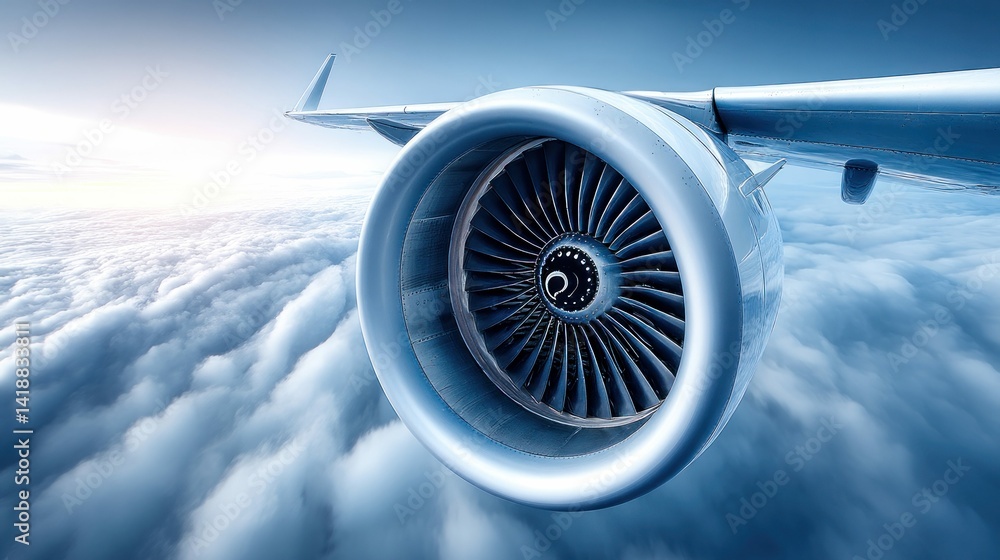 An airplane engine is seen in flight above the clouds against a blue sky, a stunning view. An airplane engine is seen in flight above the clouds against a blue sky, a stunning view.