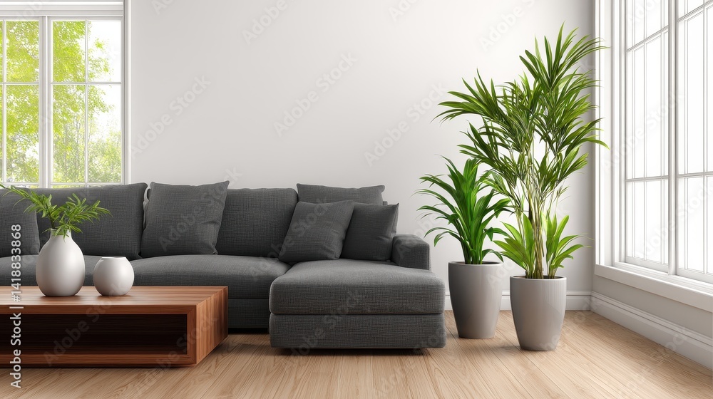 Fototapeta premium Modern living room with gray sectional sofa, wooden coffee table, and lush green plants by windows