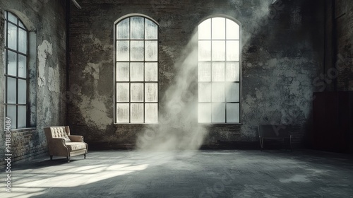 Light streams into a dilapidated room with chairs present
