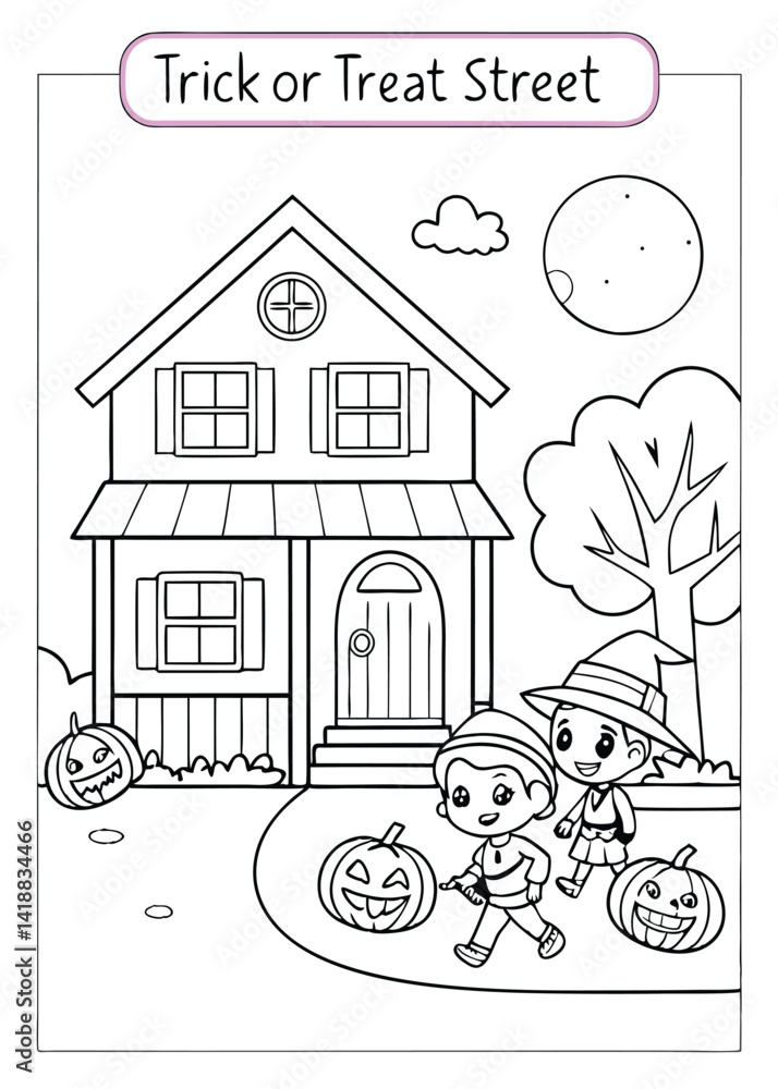 Fototapeta premium Cute Kids Trick or Treating on Halloween Street Coloring Page