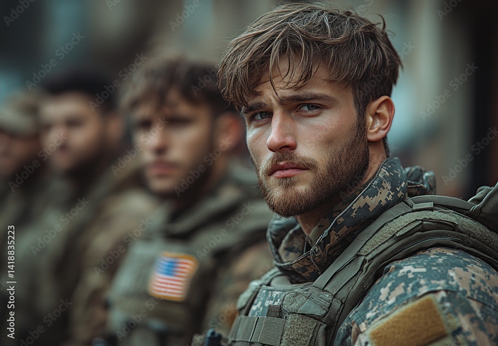 Soldiers in modern camouflage uniforms with flag patch standing in formation outdoors Soldiers in modern camouflage uniforms with flag patch standing in formation outdoors