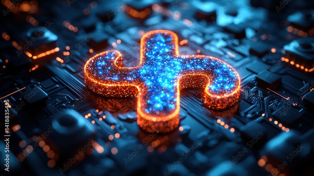 Fototapeta premium Glowing Symbol on Circuit Board: Digital Innovation Abstract