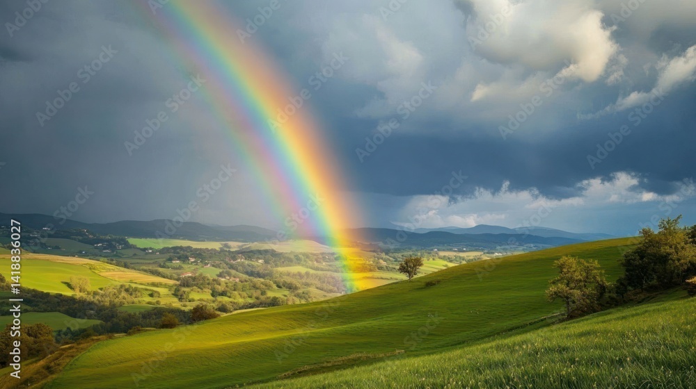Naklejka premium Majestic Rainbow Arcing Over Rolling Green Hills