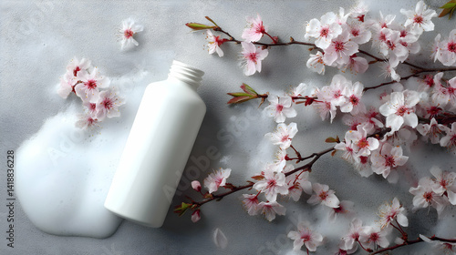 mockup white bottle with cherry blossom extract in the bathroom