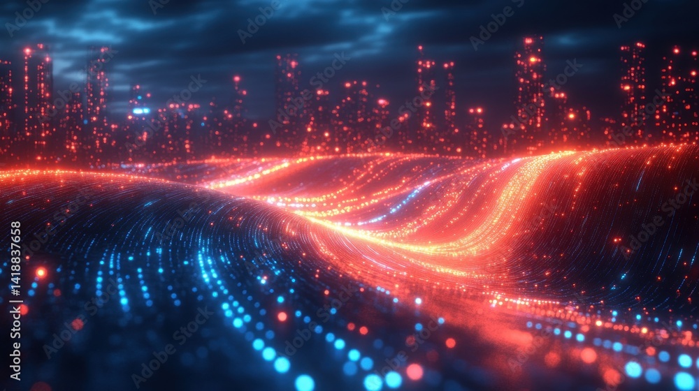 Futuristic wireless network cityscape with glowing data streams and connection nodes in a neon blue digital skyline Futuristic wireless network cityscape with glowing data streams and connection nodes in a neon blue digital skyline