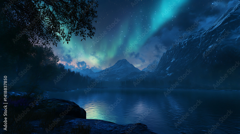 Naklejka premium Stunning Aurora Borealis over Snowy Mountain Landscape