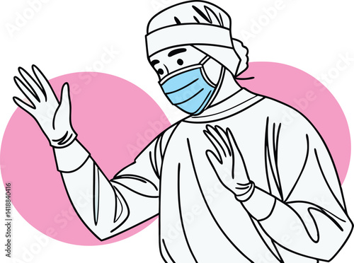 Healthcare Worker Illustration: Doctor in Surgical Scrubs, Mask, and Gloves - Medical Professional Vector Art