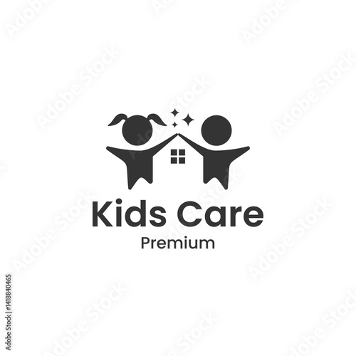 house with boy and girl child silhouette. Health center, home care, kindergarten or preschool design concept