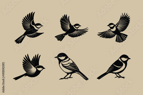 Great Tit bird, silhouette vector illustration