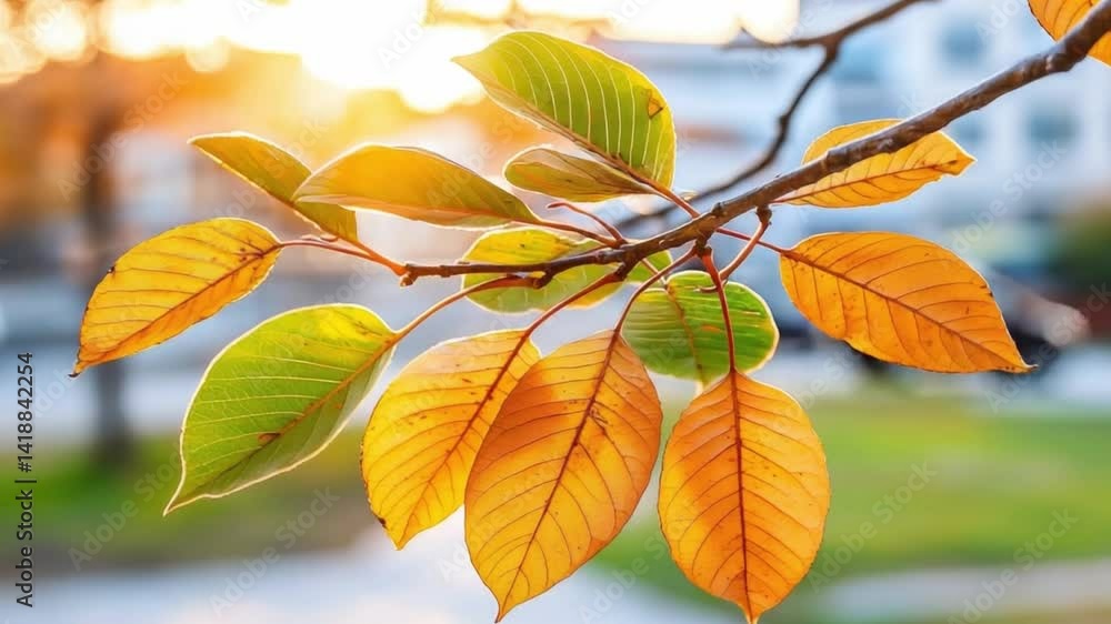 Bright Autumn Leaves on a Branch with Warm Sunlight Filtering Through in a Scenic Outdoor Setting Bright Autumn Leaves on a Branch with Warm Sunlight Filtering Through in a Scenic Outdoor Setting