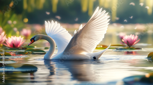 Fototapeta Naklejka Na Ścianę i Meble -  Elegant swan gliding above the water with wings spread, casting a shadow on the blooming water lilies 