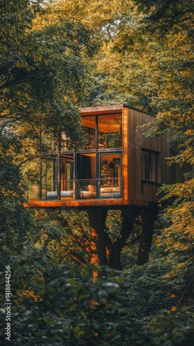 A treehouse stands majestically in a lush green forest. Its modern design harmonizes with nature. A serene escape awaits in this beautiful retreat. Generative AI