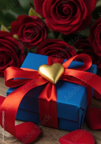 Wallpaper Mural Blue Gift Box with Red Ribbon and Roses Torontodigital.ca