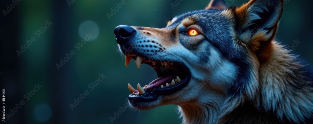 Close-up of howling wolf face with sharp teeth and glowing eyes, wolf, wild animal Close-up of howling wolf face with sharp teeth and glowing eyes, wolf, wild animal