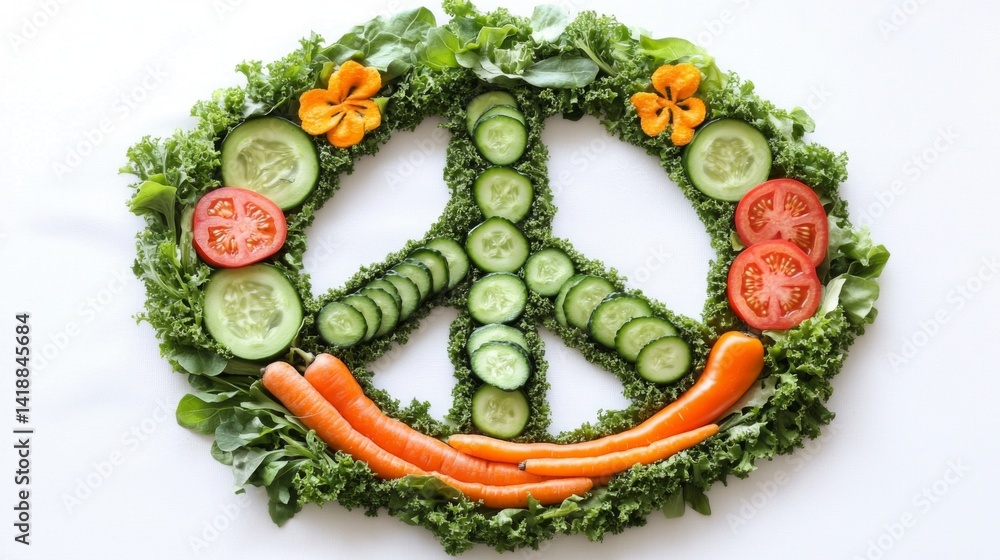 Creative veggie arrangement featuring a peace sign. Fresh cucumbers, tomatoes, and carrots create a vibrant design. Promote healthy eating and sustainability. Generative AI