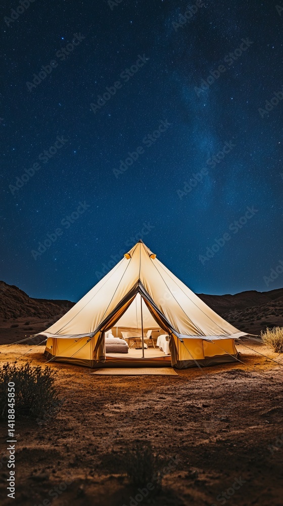A cozy glamping tent under a starry sky. Experience nature while enjoying comfort. Perfect for adventure seekers and relaxation lovers. Generative AI