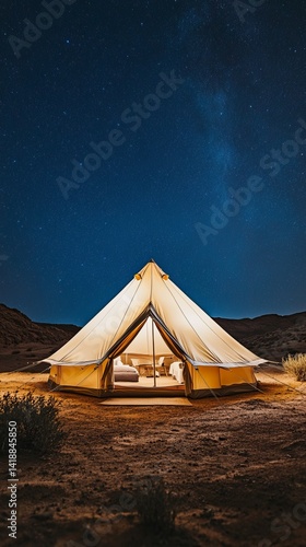 Obraz na płótnie A cozy glamping tent under a starry sky. Experience nature while enjoying comfort. Perfect for adventure seekers and relaxation lovers. Generative AI w salonie