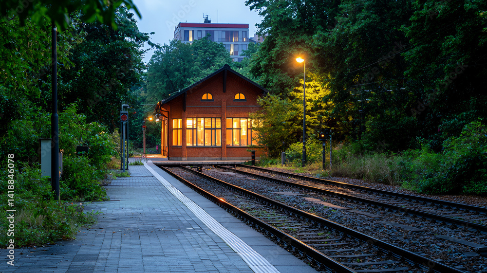 Fototapeta premium serene train station surrounded by lush greenery, featuring warm lights illuminating building at dusk