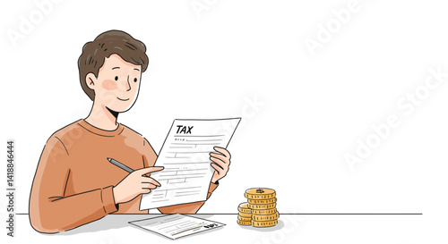 Young man reviewing tax documents with coins on the table  