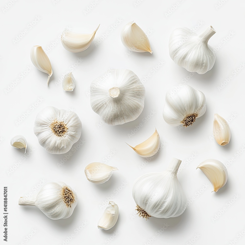 Fototapeta premium White garlic heads and cloves