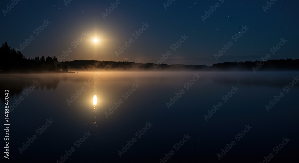 Obraz premium Bright Full Moon Over Foggy Lake at Night
