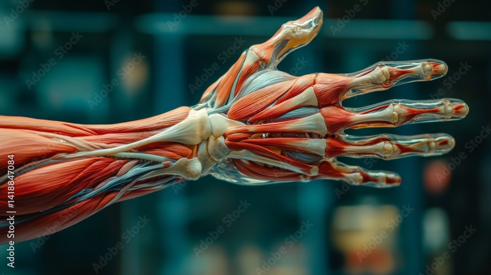 Detailed anatomical view of a human hand showcasing muscle layers and structure. This image highlights complexity in biological design. Generative AI.