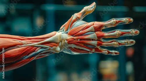 Obraz na płótnie Detailed anatomical view of a human hand showcasing muscle layers and structure. This image highlights complexity in biological design. Generative AI. w salonie
