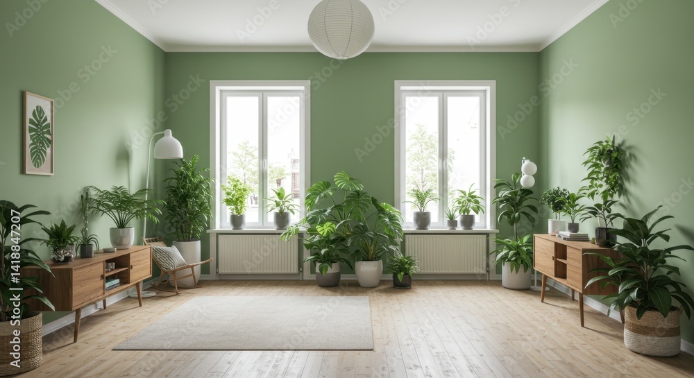 Naklejka premium Bright Green Living Room with Abundant Plants and Mid Century Modern Furniture