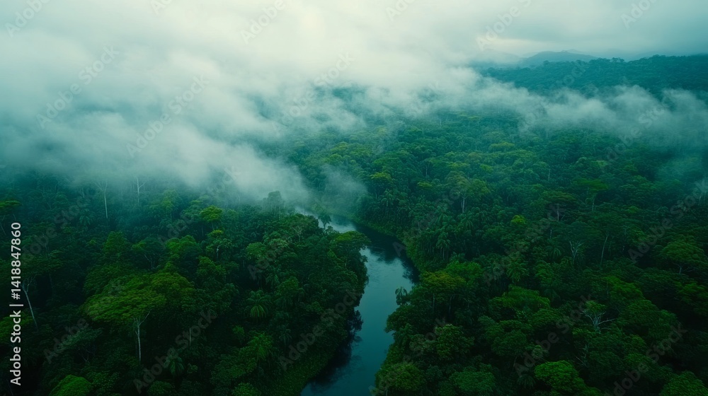 Aerial view of a lush green jungle with a winding river cutting through the misty landscape. Nature thrives in harmony. Explore the wonders of this untouched terrain. Generative AI