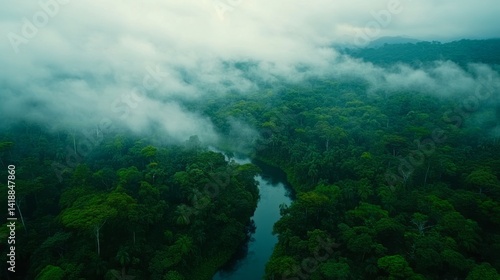 Obraz na płótnie Aerial view of a lush green jungle with a winding river cutting through the misty landscape. Nature thrives in harmony. Explore the wonders of this untouched terrain. Generative AI w salonie