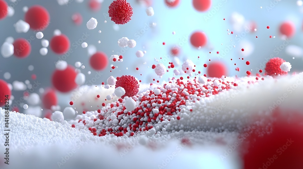 Obraz premium Vivid and detailed of red and white microscopic cells interacting under a high powered microscope in a laboratory setting showcasing the complex and dynamic nature of cellular processes