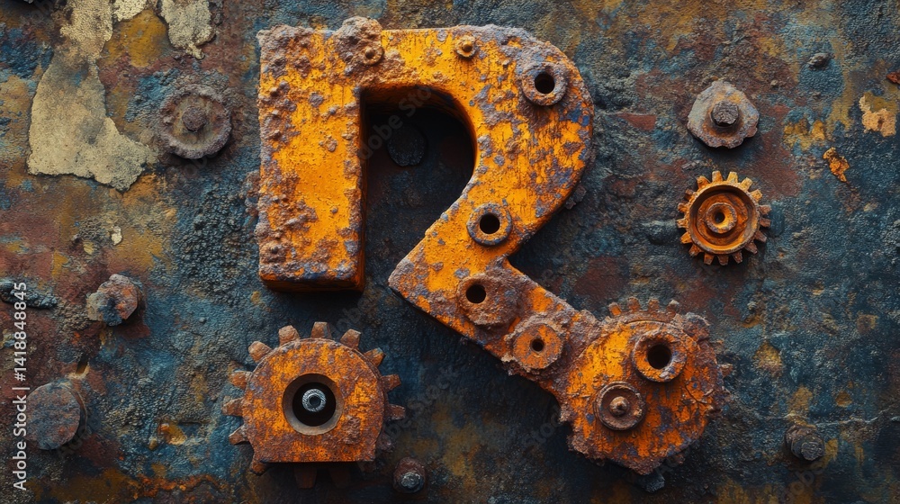 Rusty gears and textures create a captivating industrial look. The bold letter R stands out against the weathered background. Perfect for design inspiration. Generative AI