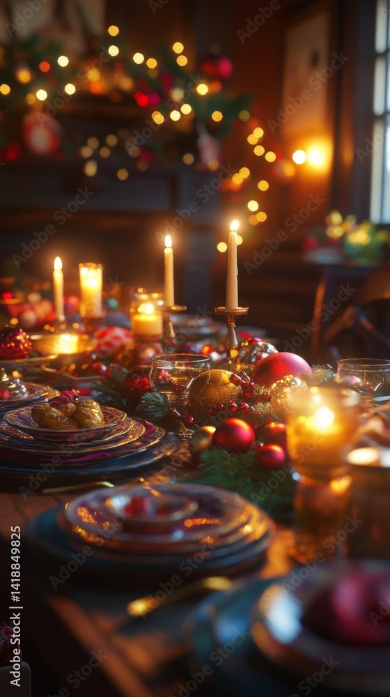 A cozy Christmas dining table awaits gathering. Beautiful decorations and warm candles create a festive atmosphere. A perfect setting for holiday celebrations. Generative AI