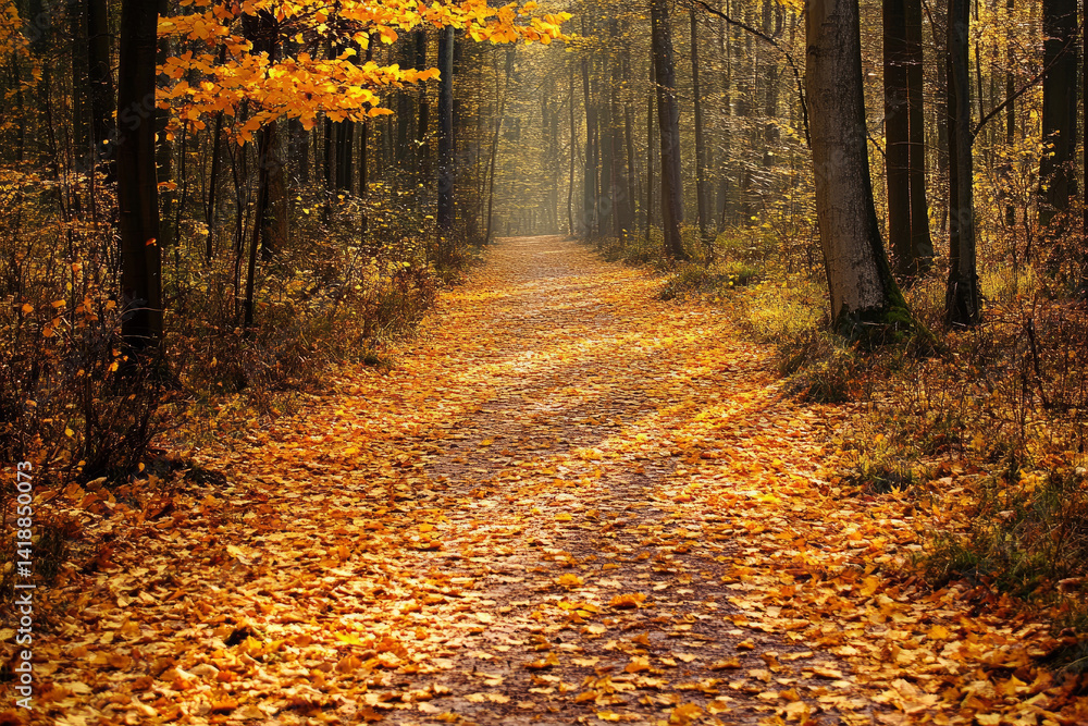 Obraz premium Golden autumn forest path illuminated by soft morning sunlight through colorful foliage