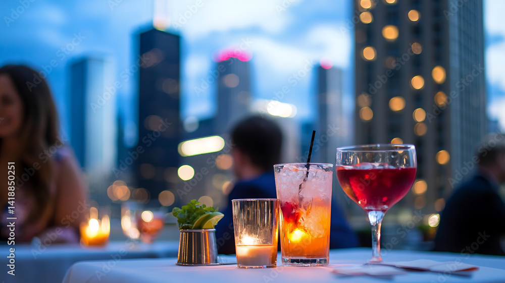 vibrant evening scene featuring cocktails on table with city skyline in background, creating lively atmosphere vibrant evening scene featuring cocktails on table with city skyline in background, creating lively atmosphere