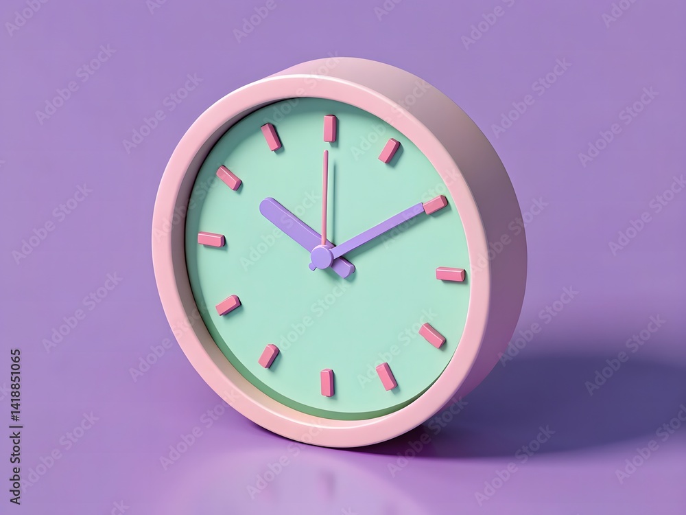Pastel Pink and Mint Green 3D Clock on Purple Background Pastel Pink and Mint Green 3D Clock on Purple Background