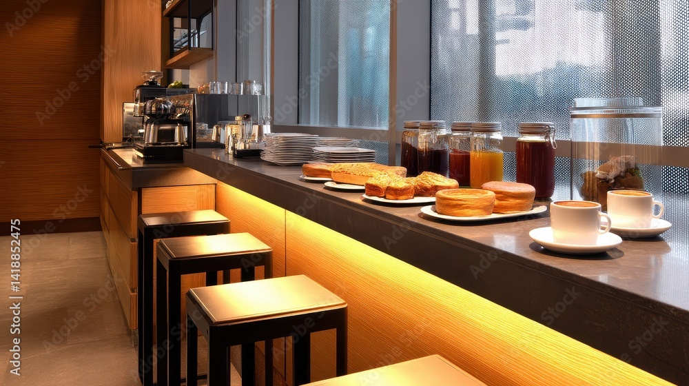 Modern caf? interior with pastries and beverages on display, inviting atmosphere for relaxation Modern caf? interior with pastries and beverages on display, inviting atmosphere for relaxation